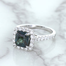 Load image into Gallery viewer, 2.56ct Radiant Cut Unheated Green Sapphire Ring with Diamond Halo in 18K White Gold