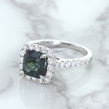 Load image into Gallery viewer, 2.56ct Radiant Cut Unheated Green Sapphire Ring with Diamond Halo in 18K White Gold