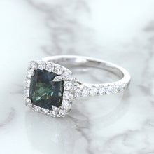 Load image into Gallery viewer, 2.56ct Radiant Cut Unheated Green Sapphire Ring with Diamond Halo in 18K White Gold