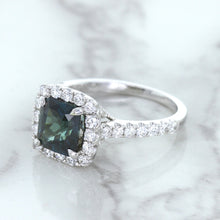 Load image into Gallery viewer, 2.56ct Radiant Cut Unheated Green Sapphire Ring with Diamond Halo in 18K White Gold