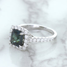 Load image into Gallery viewer, 2.56ct Radiant Cut Unheated Green Sapphire Ring with Diamond Halo in 18K White Gold