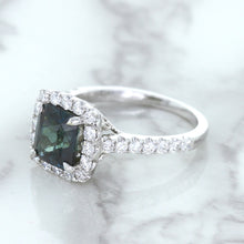 Load image into Gallery viewer, 2.56ct Radiant Cut Unheated Green Sapphire Ring with Diamond Halo in 18K White Gold