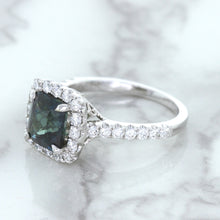 Load image into Gallery viewer, 2.56ct Radiant Cut Unheated Green Sapphire Ring with Diamond Halo in 18K White Gold