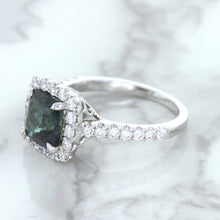 Load image into Gallery viewer, 2.56ct Radiant Cut Unheated Green Sapphire Ring with Diamond Halo in 18K White Gold