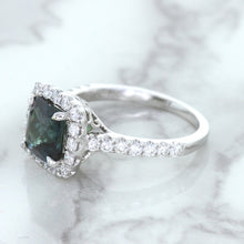 Load image into Gallery viewer, 2.56ct Radiant Cut Unheated Green Sapphire Ring with Diamond Halo in 18K White Gold