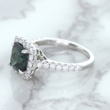 Load image into Gallery viewer, 2.56ct Radiant Cut Unheated Green Sapphire Ring with Diamond Halo in 18K White Gold