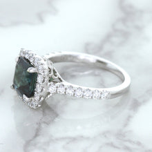 Load image into Gallery viewer, 2.56ct Radiant Cut Unheated Green Sapphire Ring with Diamond Halo in 18K White Gold