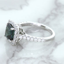 Load image into Gallery viewer, 2.56ct Radiant Cut Unheated Green Sapphire Ring with Diamond Halo in 18K White Gold