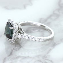 Load image into Gallery viewer, 2.56ct Radiant Cut Unheated Green Sapphire Ring with Diamond Halo in 18K White Gold
