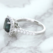 Load image into Gallery viewer, 2.56ct Radiant Cut Unheated Green Sapphire Ring with Diamond Halo in 18K White Gold