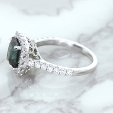 Load image into Gallery viewer, 2.56ct Radiant Cut Unheated Green Sapphire Ring with Diamond Halo in 18K White Gold