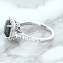 Load image into Gallery viewer, 2.56ct Radiant Cut Unheated Green Sapphire Ring with Diamond Halo in 18K White Gold