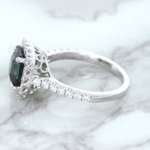 Load image into Gallery viewer, 2.56ct Radiant Cut Unheated Green Sapphire Ring with Diamond Halo in 18K White Gold