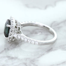 Load image into Gallery viewer, 2.56ct Radiant Cut Unheated Green Sapphire Ring with Diamond Halo in 18K White Gold