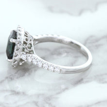 Load image into Gallery viewer, 2.56ct Radiant Cut Unheated Green Sapphire Ring with Diamond Halo in 18K White Gold