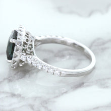 Load image into Gallery viewer, 2.56ct Radiant Cut Unheated Green Sapphire Ring with Diamond Halo in 18K White Gold