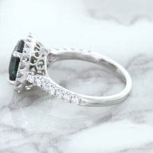 Load image into Gallery viewer, 2.56ct Radiant Cut Unheated Green Sapphire Ring with Diamond Halo in 18K White Gold