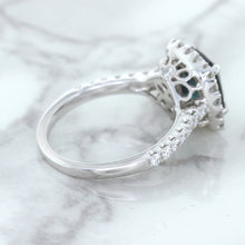 Load image into Gallery viewer, 2.56ct Radiant Cut Unheated Green Sapphire Ring with Diamond Halo in 18K White Gold