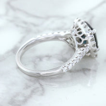 Load image into Gallery viewer, 2.56ct Radiant Cut Unheated Green Sapphire Ring with Diamond Halo in 18K White Gold