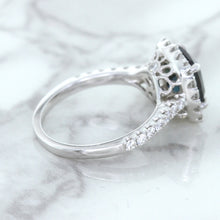 Load image into Gallery viewer, 2.56ct Radiant Cut Unheated Green Sapphire Ring with Diamond Halo in 18K White Gold