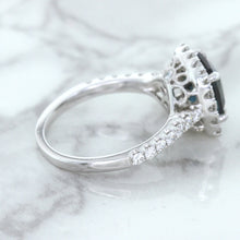Load image into Gallery viewer, 2.56ct Radiant Cut Unheated Green Sapphire Ring with Diamond Halo in 18K White Gold