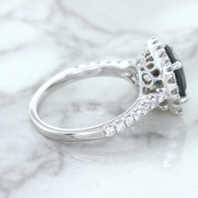 Load image into Gallery viewer, 2.56ct Radiant Cut Unheated Green Sapphire Ring with Diamond Halo in 18K White Gold