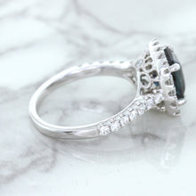 Load image into Gallery viewer, 2.56ct Radiant Cut Unheated Green Sapphire Ring with Diamond Halo in 18K White Gold