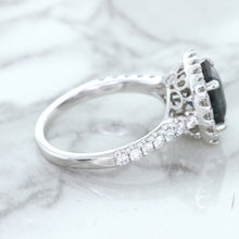 Load image into Gallery viewer, 2.56ct Radiant Cut Unheated Green Sapphire Ring with Diamond Halo in 18K White Gold