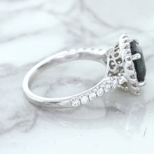 Load image into Gallery viewer, 2.56ct Radiant Cut Unheated Green Sapphire Ring with Diamond Halo in 18K White Gold