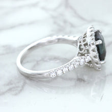 Load image into Gallery viewer, 2.56ct Radiant Cut Unheated Green Sapphire Ring with Diamond Halo in 18K White Gold