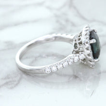 Load image into Gallery viewer, 2.56ct Radiant Cut Unheated Green Sapphire Ring with Diamond Halo in 18K White Gold