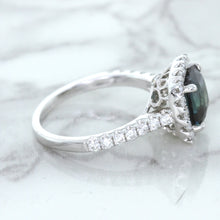 Load image into Gallery viewer, 2.56ct Radiant Cut Unheated Green Sapphire Ring with Diamond Halo in 18K White Gold