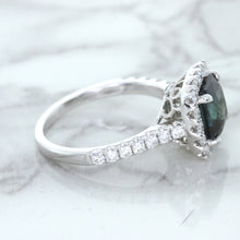 Load image into Gallery viewer, 2.56ct Radiant Cut Unheated Green Sapphire Ring with Diamond Halo in 18K White Gold