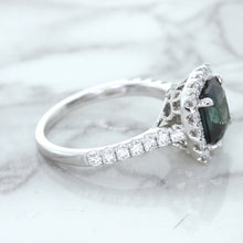 Load image into Gallery viewer, 2.56ct Radiant Cut Unheated Green Sapphire Ring with Diamond Halo in 18K White Gold