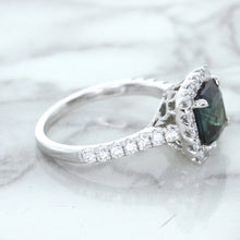 Load image into Gallery viewer, 2.56ct Radiant Cut Unheated Green Sapphire Ring with Diamond Halo in 18K White Gold
