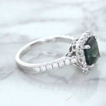 Load image into Gallery viewer, 2.56ct Radiant Cut Unheated Green Sapphire Ring with Diamond Halo in 18K White Gold