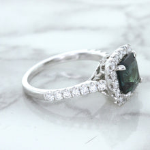 Load image into Gallery viewer, 2.56ct Radiant Cut Unheated Green Sapphire Ring with Diamond Halo in 18K White Gold