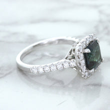 Load image into Gallery viewer, 2.56ct Radiant Cut Unheated Green Sapphire Ring with Diamond Halo in 18K White Gold