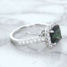 Load image into Gallery viewer, 2.56ct Radiant Cut Unheated Green Sapphire Ring with Diamond Halo in 18K White Gold