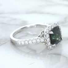 Load image into Gallery viewer, 2.56ct Radiant Cut Unheated Green Sapphire Ring with Diamond Halo in 18K White Gold