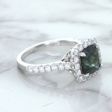 Load image into Gallery viewer, 2.56ct Radiant Cut Unheated Green Sapphire Ring with Diamond Halo in 18K White Gold