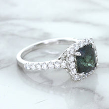 Load image into Gallery viewer, 2.56ct Radiant Cut Unheated Green Sapphire Ring with Diamond Halo in 18K White Gold