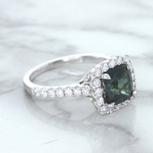 Load image into Gallery viewer, 2.56ct Radiant Cut Unheated Green Sapphire Ring with Diamond Halo in 18K White Gold
