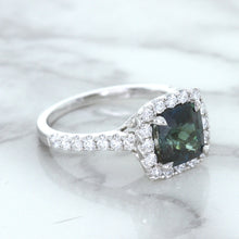 Load image into Gallery viewer, 2.56ct Radiant Cut Unheated Green Sapphire Ring with Diamond Halo in 18K White Gold