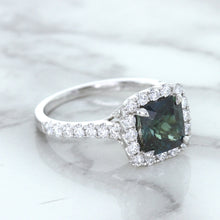 Load image into Gallery viewer, 2.56ct Radiant Cut Unheated Green Sapphire Ring with Diamond Halo in 18K White Gold