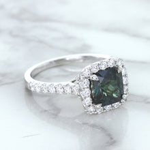 Load image into Gallery viewer, 2.56ct Radiant Cut Unheated Green Sapphire Ring with Diamond Halo in 18K White Gold