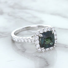 Load image into Gallery viewer, 2.56ct Radiant Cut Unheated Green Sapphire Ring with Diamond Halo in 18K White Gold