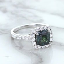 Load image into Gallery viewer, 2.56ct Radiant Cut Unheated Green Sapphire Ring with Diamond Halo in 18K White Gold