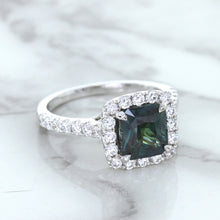 Load image into Gallery viewer, 2.56ct Radiant Cut Unheated Green Sapphire Ring with Diamond Halo in 18K White Gold