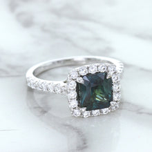 Load image into Gallery viewer, 2.56ct Radiant Cut Unheated Green Sapphire Ring with Diamond Halo in 18K White Gold